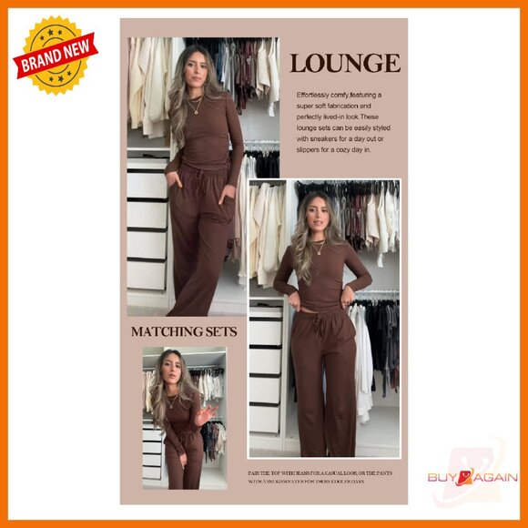 Women's 2 Piece Lounge Set Long Sleeve Top Wide Leg Pants Matching Outfit - Picture 8 of 8